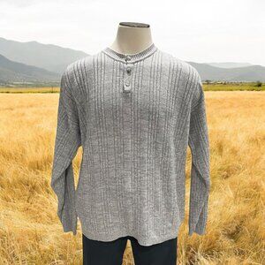 John Ashford Mens XL Henley Sweater 100% Cotton Gray Casual Light Fall/Winter